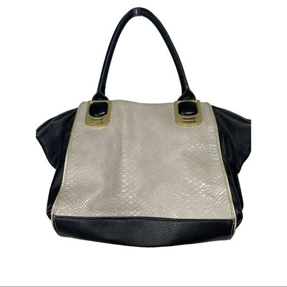 STEVE Madden Faux Vegan Leather Snake Skin Tote Satchel, Cream, Black, Gold - Picture 2 of 9